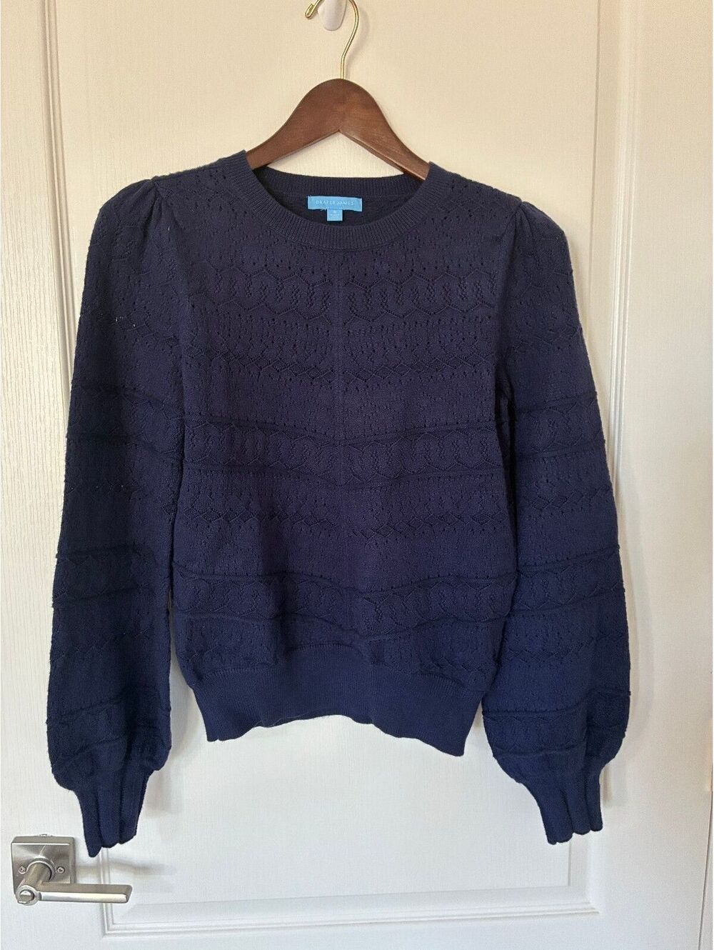 Draper James Women's Small Navy Blue puffy sleeve pullover sweater pointelle